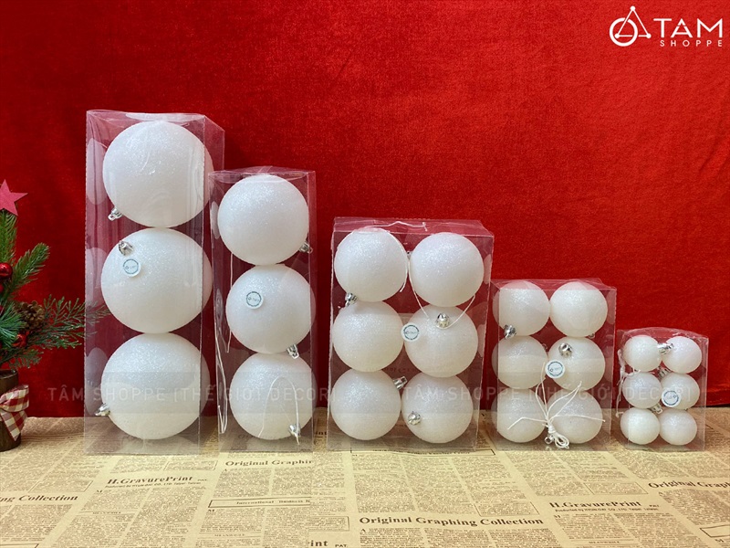 Trái châu Noel xà cừ Trắng kim tuyến lấp lánh nhiều cỡ [Từ 4 - 12cm - Hàng chuẩn] TRAICHAU-44